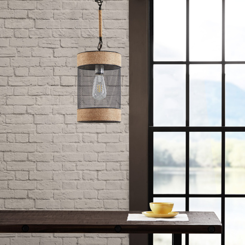 Natural + Black Rope and Iron Mesh Cylinder Pendant, 8 x 52 in