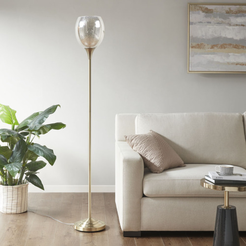 Antique Brass Iron Uplight Floor Lamp with Mercury Glass Shade