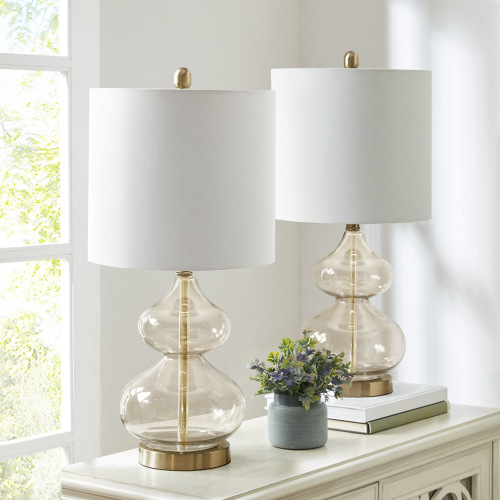 Curved Glass Table Lamps, Set of 2, Gold Cotton, 25.25-Inch