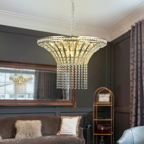 (Same as W1340P189414/L005016-D600-P8G) 24" Modern Crystal Round Chandelier with Gold Finish, Elegant Pendant Light with Cascading Beads, for Dining Room, Living Room, or Foyer (No Bulbs) - 24-inch - 24-Inch