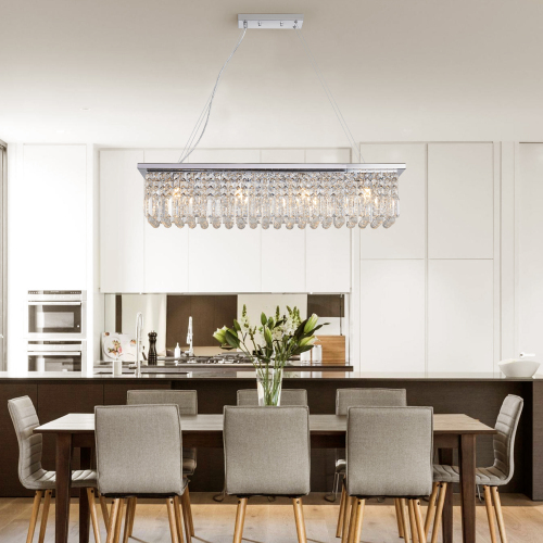 Chrome 8-Light Crystal Rectangular Chandelier, Iron, 39.4 x 9.8 x 8.7 in