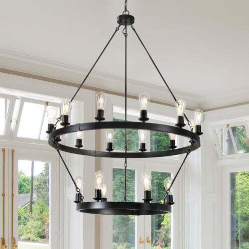 Retro Large Black Iron 2-Tier Round Ceiling Chandelier Light