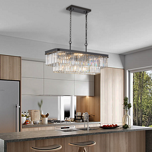 Black Iron Rectangular Crystal Chandelier with Adjustable E12 Lights