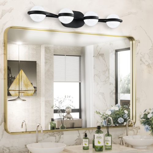 30-Inch Black Iron 4-Light LED Bathroom Vanity Wall Light Fixture