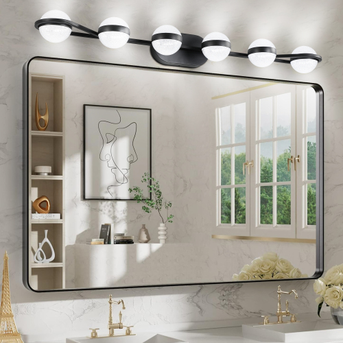 43-Inch Black Iron 6-Light LED Vanity Light with Crystal Sand Shades