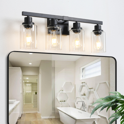 Modern 4-Light Black Iron Bathroom Vanity Sconce with Glass Shades