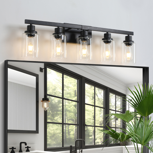 Modern 5-Light Black Iron and Glass Farmhouse Bathroom Vanity Light