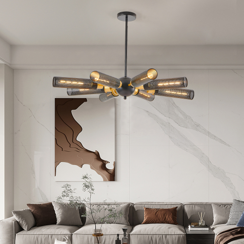 34-Inch Black and Gold Iron Sputnik Chandelier with 8 Mesh Shades