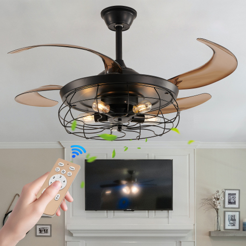 48-Inch Black Industrial Ceiling Fan Light with Cage, ABS and Iron