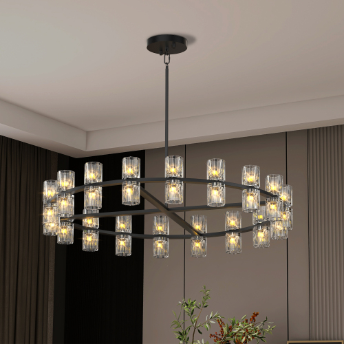 36-Inch Black Iron Crystal Chandelier for Living Room and Dining Areas
