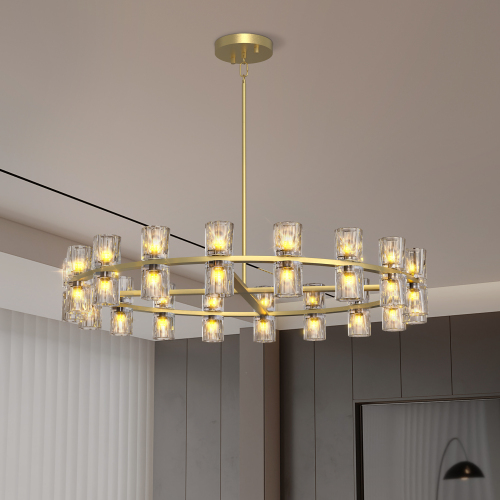 Modern 36-Inch Gold Iron Round Chandelier with K9 Crystal
