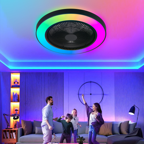 19-Inch Black Iron LED Ceiling Fan Light with RGB Color Changing