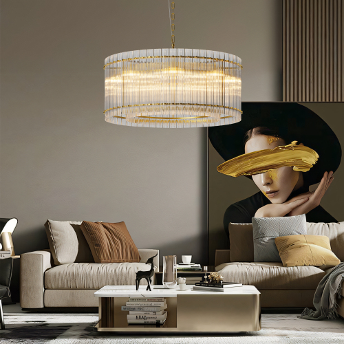 37-Inch Gold Iron 2-Tier 8-Light Round Crystal Glass Chandelier