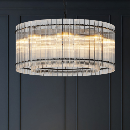 37-Inch Black Iron 8-Light Two-Tier Crystal Glass Chandelier