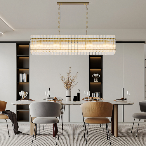 Modern Rectangular 10-Light Gold Iron Crystal Glass Chandelier