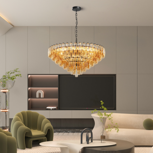 37-Inch Black Iron Round Chandelier with 14 Tiered Smoke Glass Lights