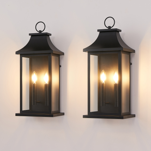 2-Pack Black Aluminium Outdoor Wall Lantern, 22.2-Inch, 2-Light