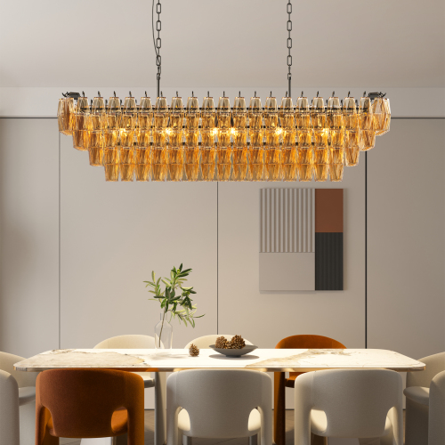 54-Inch Black 12-Light Iron Chandelier with 4-Tiered Smoke Glass