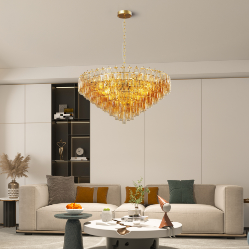 37-Inch Gold 14-Light Iron Round Chandelier, Tiered Smoke Glass