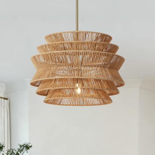 17.3-Inch Brown Iron Pendant Light with Rustic Rattan Design