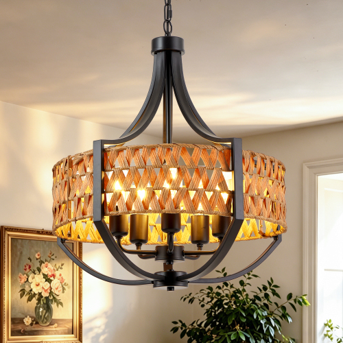 19.7-Inch Black Iron 5-Light Chandelier with Woven Reed Shade