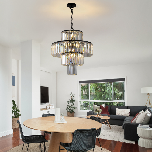 20-Inch Black Iron Crystal Chandelier, 4-Tier Modern Pendant Light