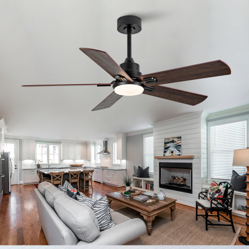 Smart Indoor/Outdoor Ceiling Fan with Light, Dark Walnut Solid Wood