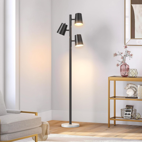 Modern 62-Inch Black 3-Light Floor Lamp with White Marble Base