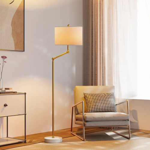 64-Inch Modern Gold Metal Floor Lamp with Rotatable Posts and Marble Base