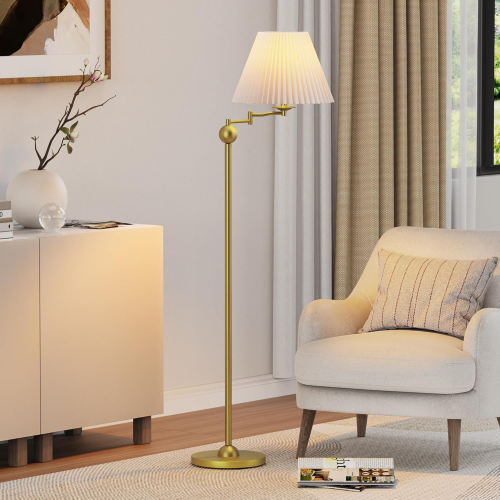 64.25" Modern Gold Metal Swing-Arm Floor Lamp with Pleated Shade
