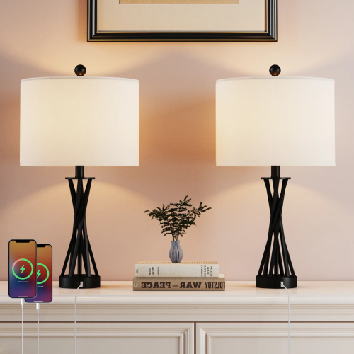 24-Inch Modern Black Metal Table Lamps with USB-C Ports, Set of 2
