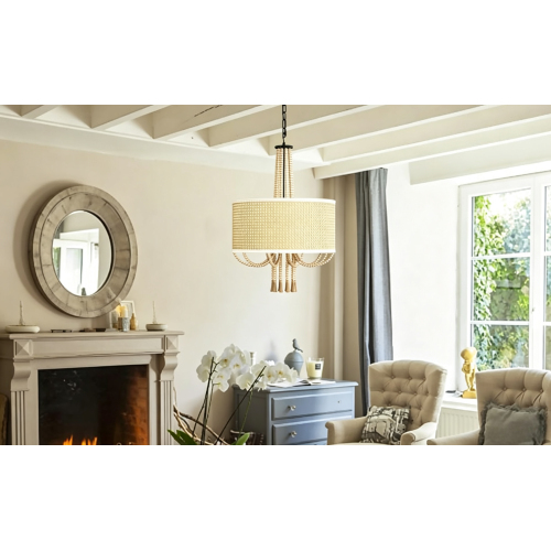 19-Inch Wood-Tone Metal & Rattan 5-Light Chandelier with Bead Tassels