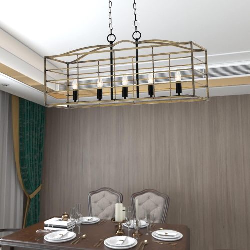 5-Light Farmhouse Metal Chandelier, Black & Light Brown Wood Grain