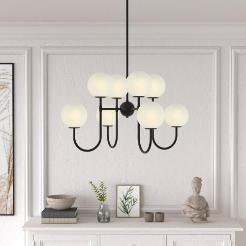 8-Light Black Sputnik Chandelier with Cloud Glass Shades, Modern Metal