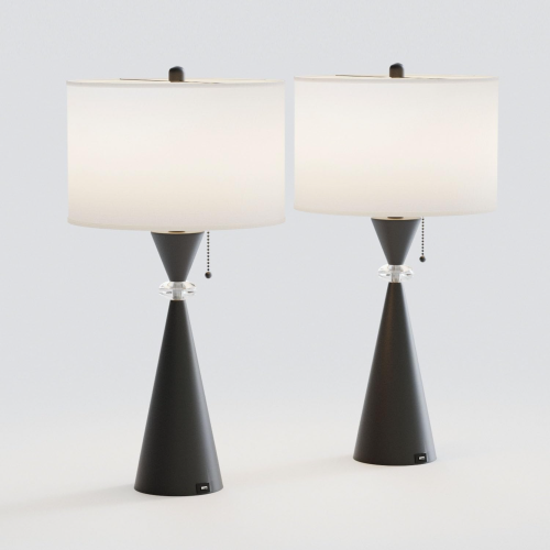 28" Modern Black Metal Table Lamps Set of 2 with USB Ports, White Drum Shades for Living Room