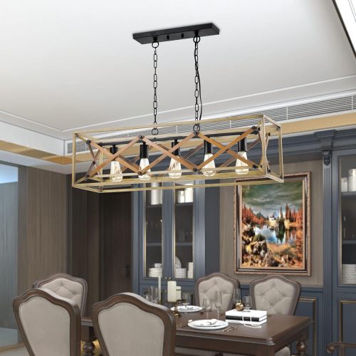 5-Light Black and Oak Metal-Wood Chandelier for Kitchen Island