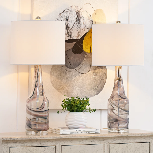 Set of 2 Modern Grey Glass 29-Inch Table Lamps with Crystal Bases