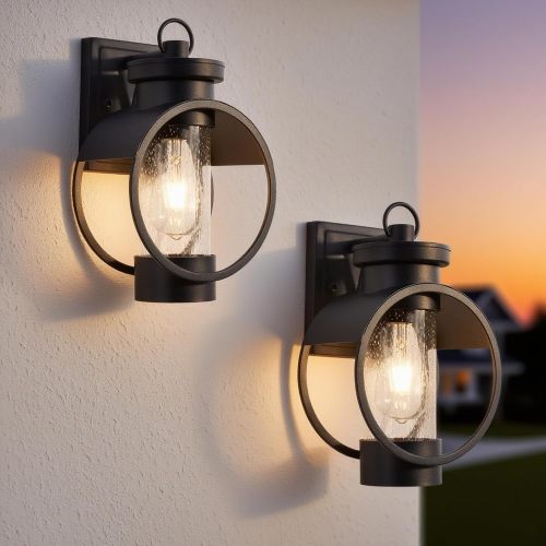 12-Inch Black Glass and Metal Dusk-to-Dawn Wall Sconces, Set of 2