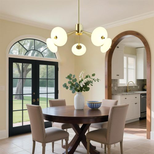 Modern Gold Sputnik 5-Light Chandelier with Frosted Glass Shade