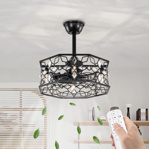 19.3-Inch Black Metal Caged Ceiling Fan with Crystal Flower Light