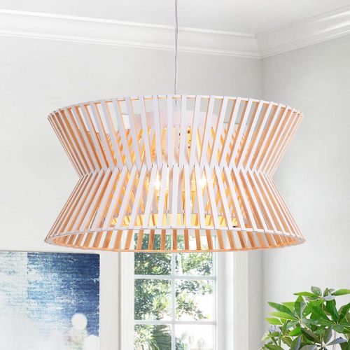 17.7-Inch Antique White Wood and Metal 3-Light Wicker Chandelier