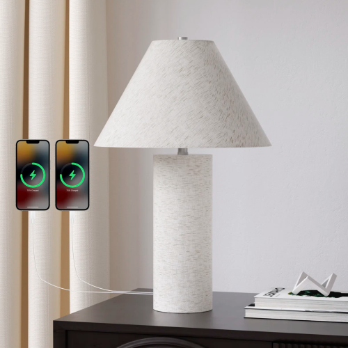22.75-Inch Modern White Resin Table Lamp with USB-C/A Ports