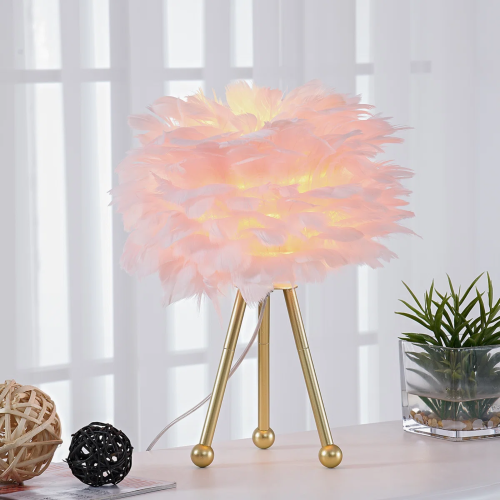 14.5-Inch Pink Feather Table Lamp with Gold Tripod Metal Base