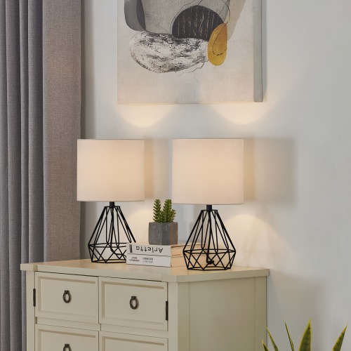 19-Inch Black Metal Table Lamp Set of 2 with White Linen Shades