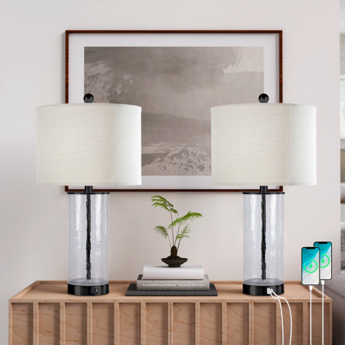 23.25-Inch Black Glass and Metal Table Lamps with USB, Set of 2
