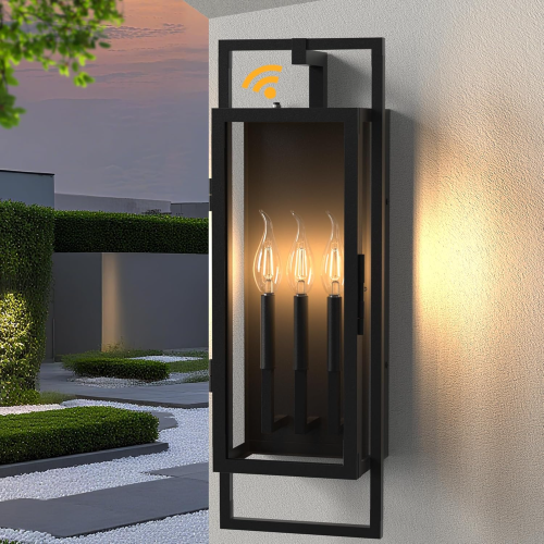 25-Inch Black Metal 3-Light Dusk-to-Dawn Outdoor Wall Lantern
