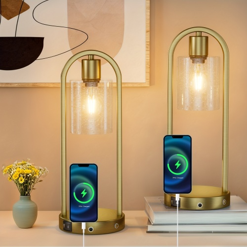 Set of 2 Modern 16-Inch Gold Metal Touch Table Lamps with USB