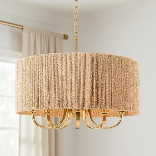 22-Inch Gold Metal 5-Light Boho Chandelier with Rattan Shade