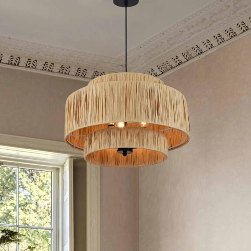 19.7-Inch Natural Brown Rattan 3-Light Boho Tiered Chandelier
