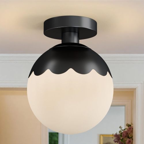 8-Inch Black Modern Wave Semi-Flush Mount Light with Opal Glass
